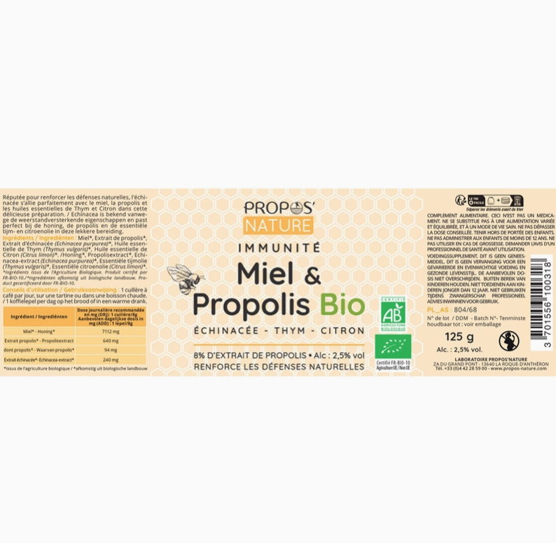 Mélange Immunité Bio - Miel Propolis Thym citron - 125g