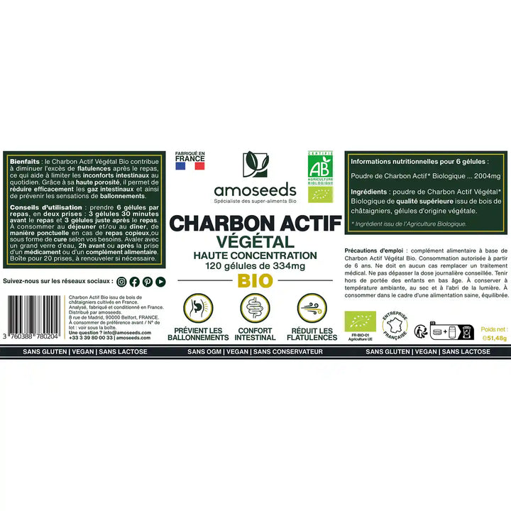 Charbon Actif Végétal Bio | 120 gélules