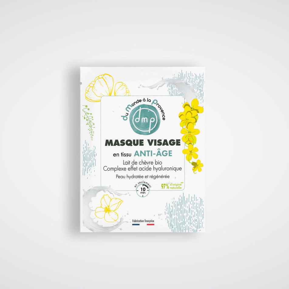 Masque visage en tissu Anti-âge et Hydratant au Lait de chèvre bio et complexe effet acide hyaluronique végétal