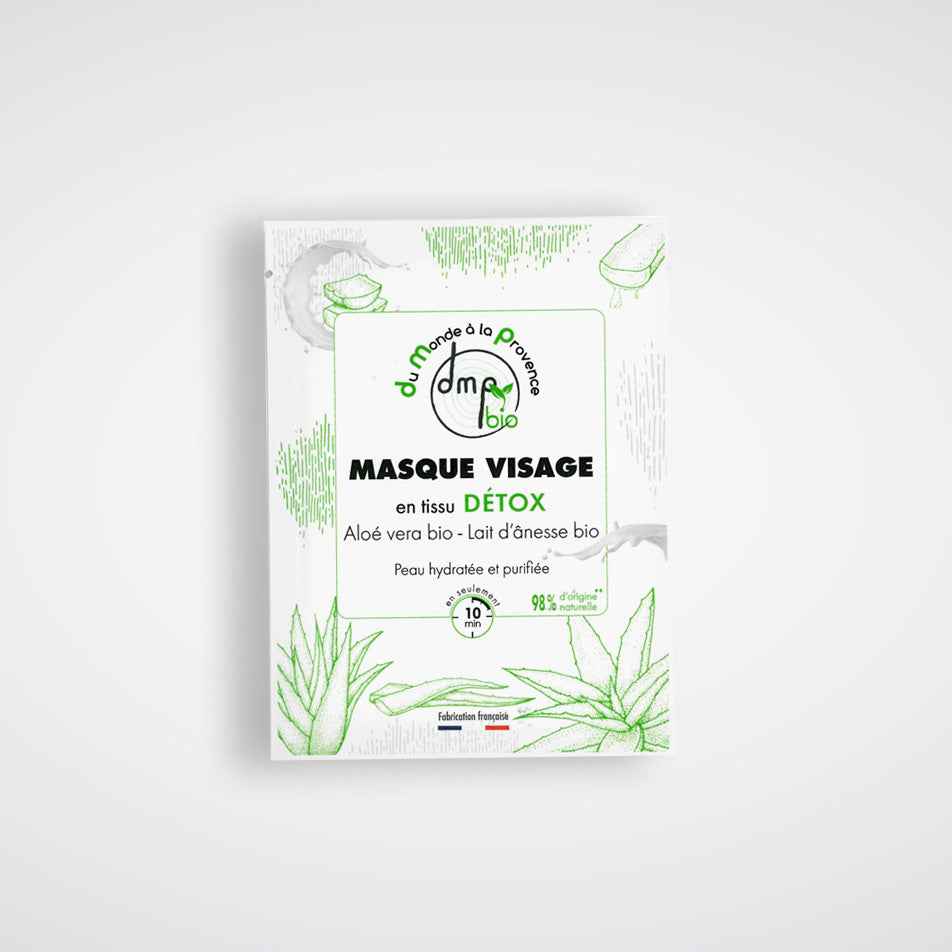 Masque visage en tissu Détox et Hydratant au Lait d’Ânesse BIO, Aloe vera BIO et Moringa – 20ml