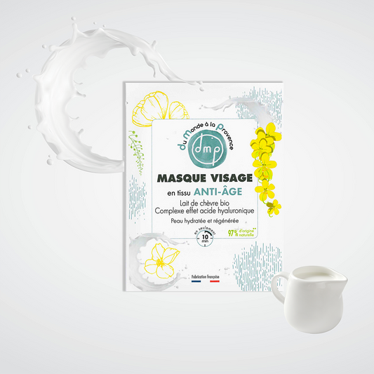 Masque visage en tissu Anti-âge et Hydratant au Lait de chèvre bio et complexe effet acide hyaluronique végétal