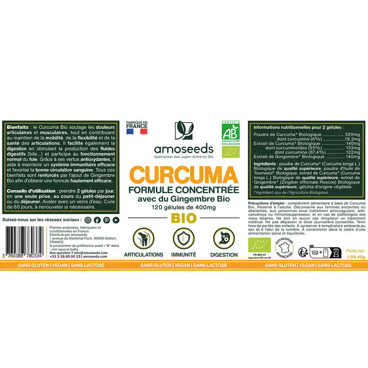 Curcuma bio, formule concentrée - 120 gélules