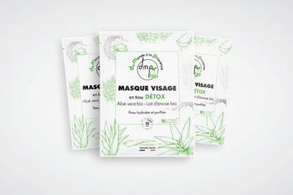 Masque visage en tissu Détox et Hydratant au Lait d’Ânesse BIO, Aloe vera BIO et Moringa – 20ml