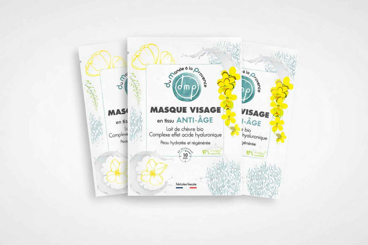 Masque visage en tissu Anti-âge et Hydratant au Lait de chèvre bio et complexe effet acide hyaluronique végétal