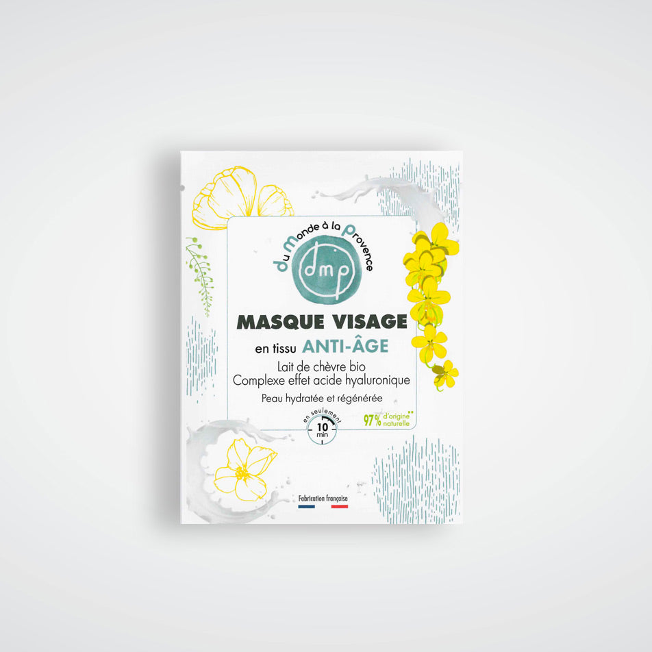 Masque visage en tissu Anti-âge et Hydratant au Lait de chèvre bio et complexe effet acide hyaluronique végétal