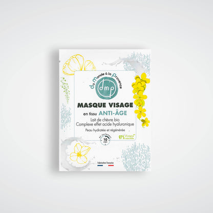 Masque visage en tissu Anti-âge et Hydratant au Lait de chèvre bio et complexe effet acide hyaluronique végétal