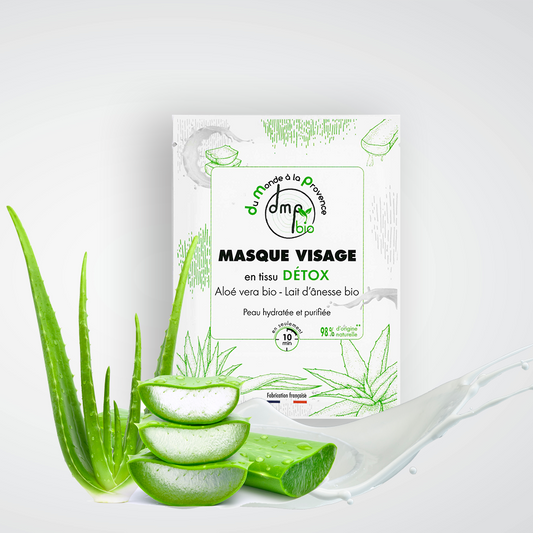 Masque visage en tissu Détox et Hydratant au Lait d’Ânesse BIO, Aloe vera BIO et Moringa – 20ml