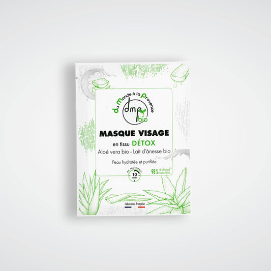 Masque visage en tissu Détox et Hydratant au Lait d’Ânesse BIO, Aloe vera BIO et Moringa – 20ml