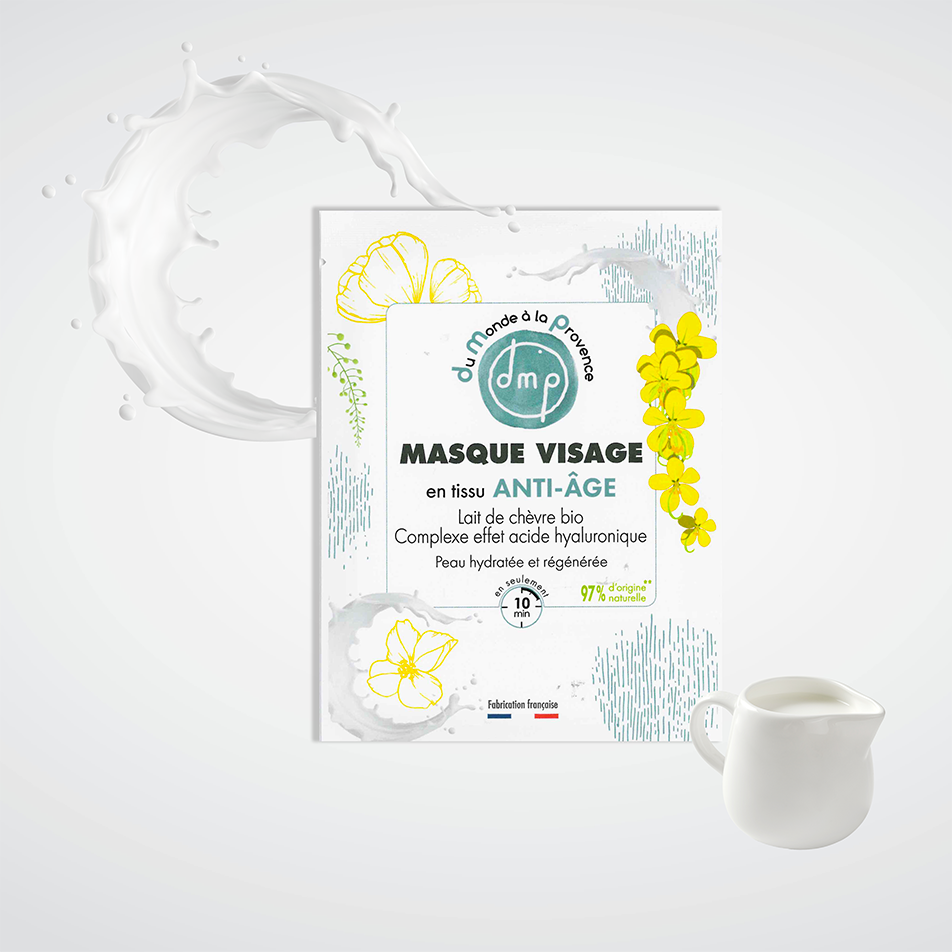 Masque visage en tissu Anti-âge et Hydratant au Lait de chèvre bio et complexe effet acide hyaluronique végétal